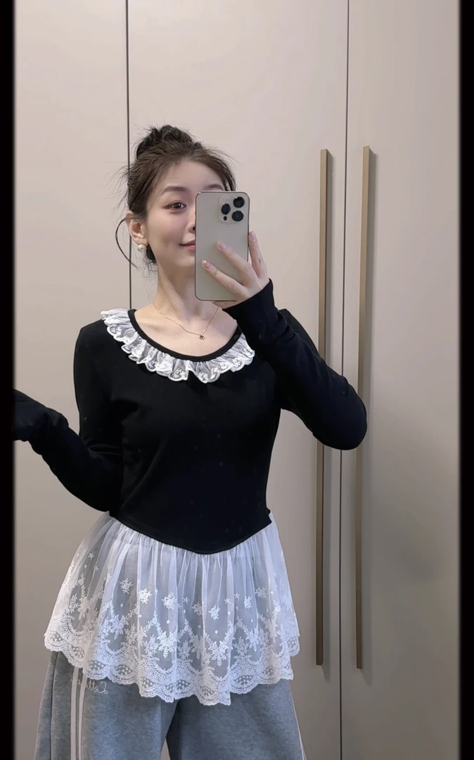 新款休闲百搭拼接蕾丝花边领磨毛娃娃衫