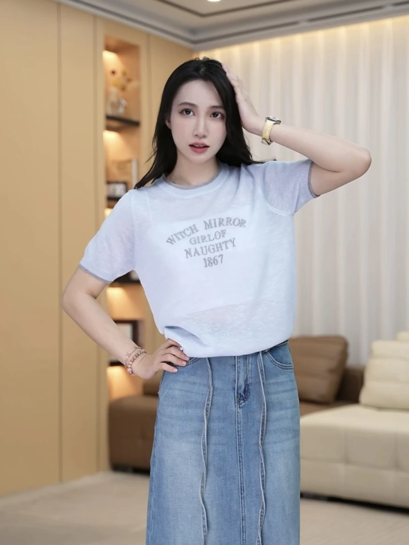 Y602短袖圆领刺绣字母针织衫气质宽松夏季百搭时尚设计感女装