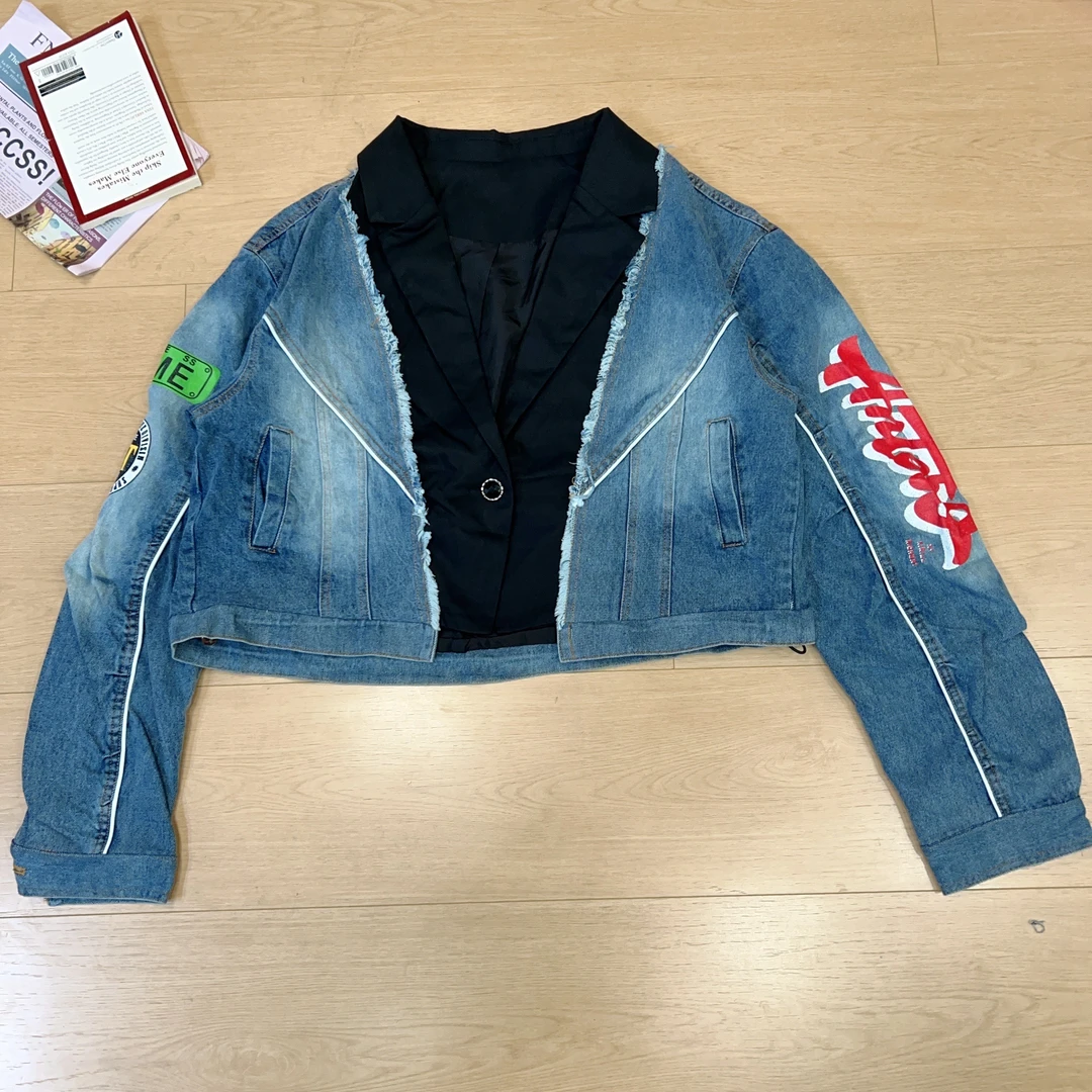 2025秋季新款休闲宽松百搭假两件牛仔长袖外套0906