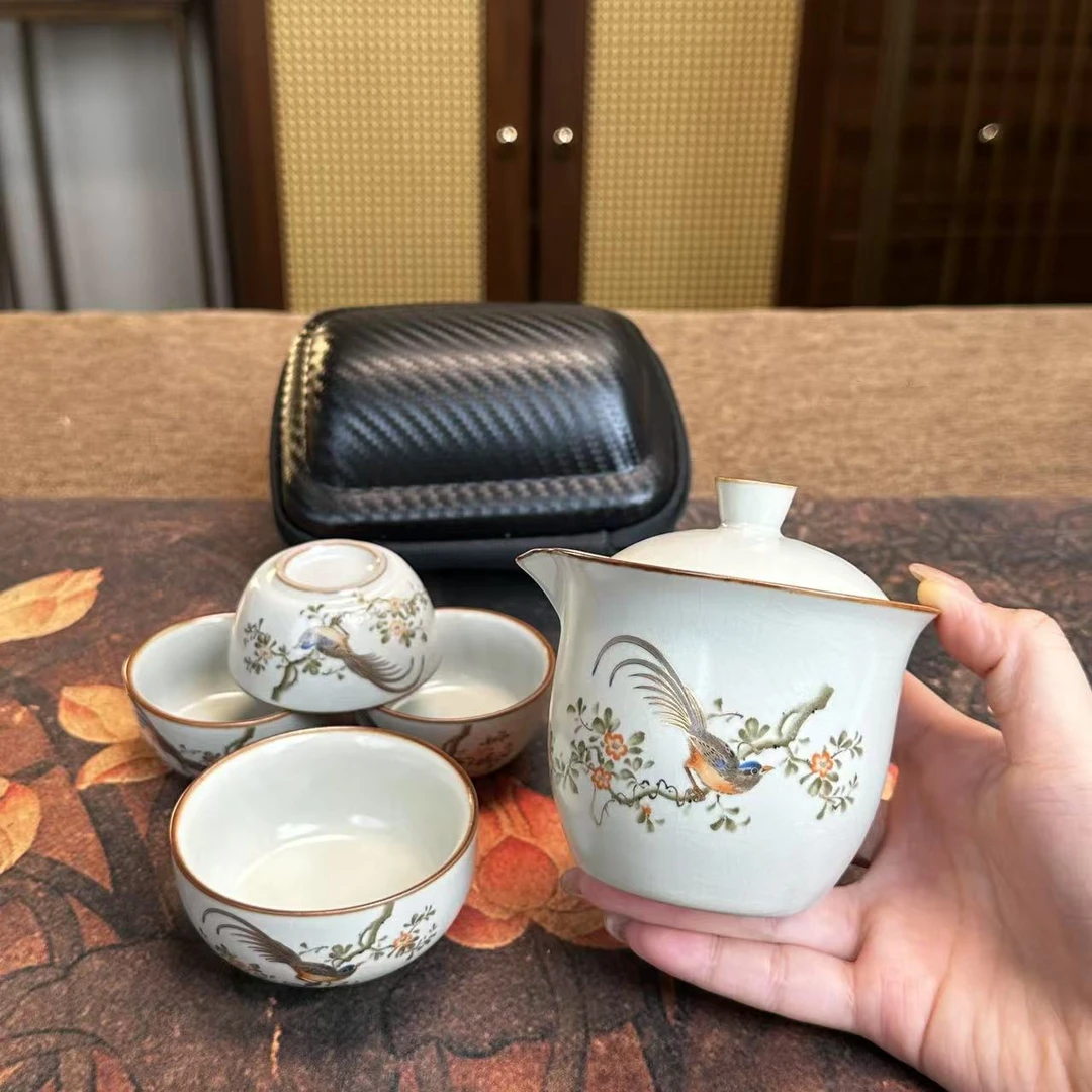 LH72-黄汝喜上眉梢旅行茶具一壶四杯户外车载旅游陶瓷便携式套装
