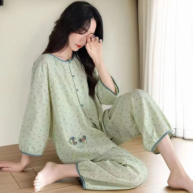 2025年睡衣女夏季开衫七分袖九分裤两件套装薄款大码可外穿家居服