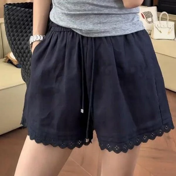 2025夏季新款女士藏青色蕾丝边休闲短裤小个子宽松显瘦高腰阔腿裤