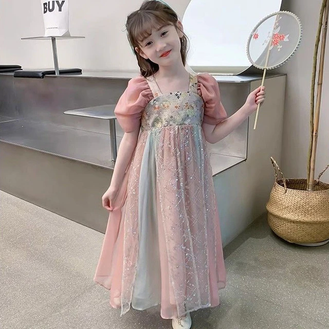 女童新中式汉服裙夏季新款儿童网纱裙泡泡袖古风公主裙连衣裙长裙