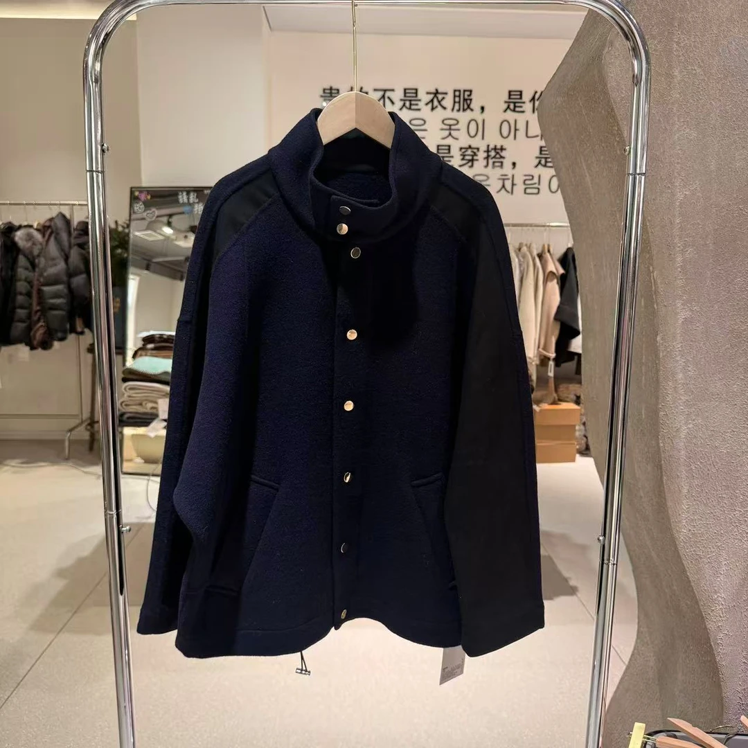 秋季新款英伦风时尚撞色拼接双面羊毛大衣宽松立领毛呢外套女