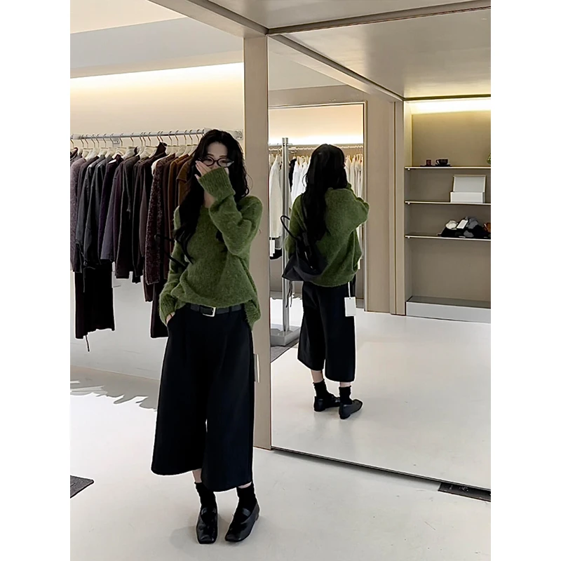 parkyeon绿色圆领宽松长袖针织毛衣女秋季西装七分休闲裤两件套