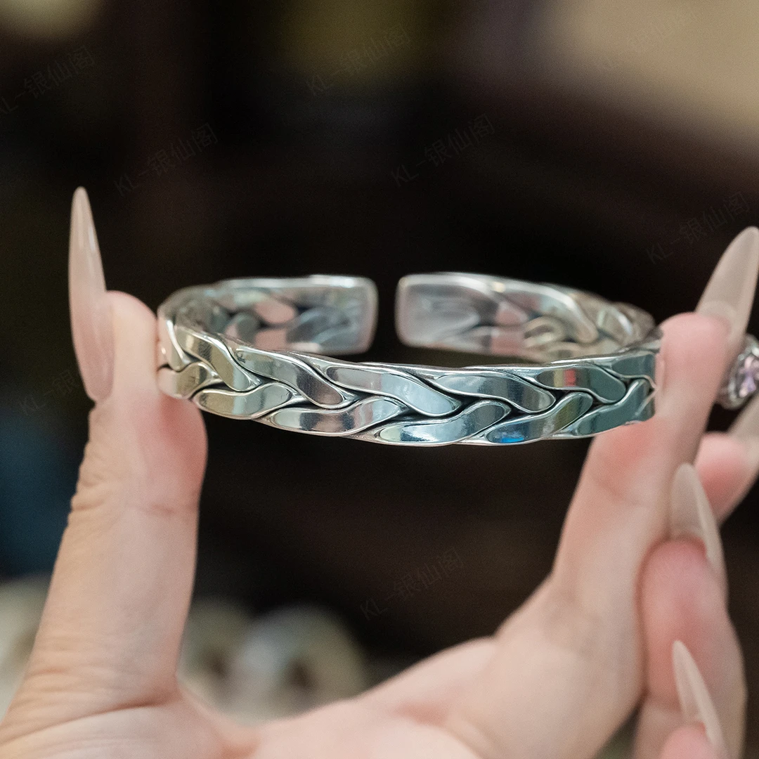 足银手镯 足银手镯 999.9足银亮面编织麦穗亮面银手镯