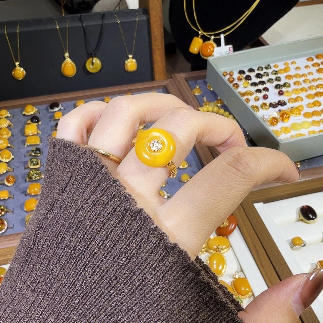 蜜蜡银S925镀金镶嵌戒指蜜蜡戒指