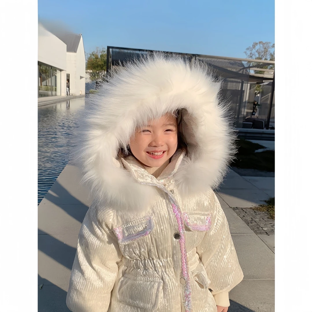 【清仓】110-160码UL家女童冬季中长亮片加厚保暖可拆兔毛领羽绒服