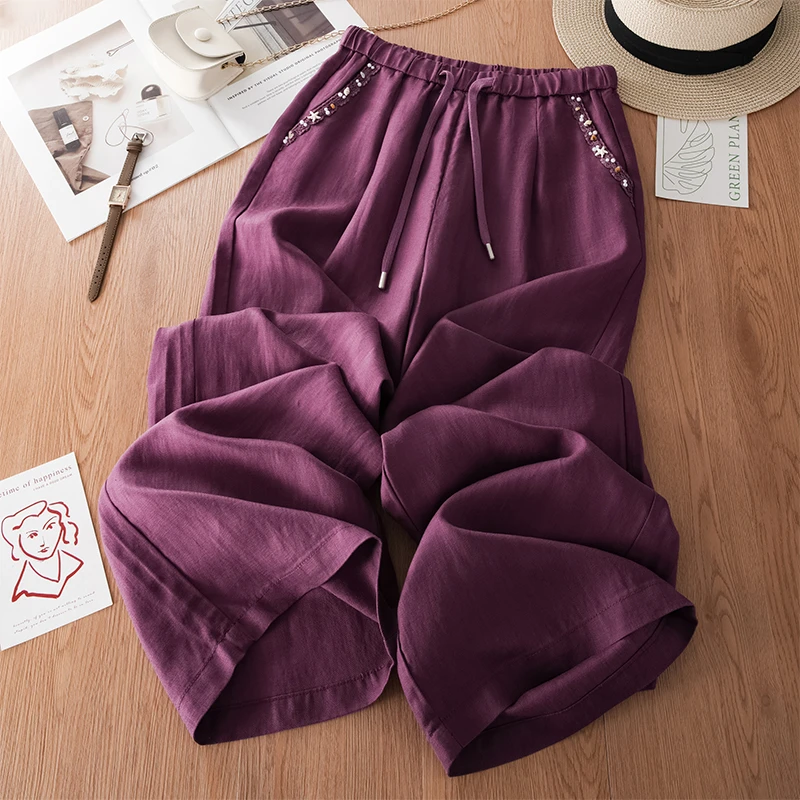 天丝亚麻乌梅酱紫阔腿裤女2025夏轻薄款新款显瘦棉麻垂坠感直筒裤