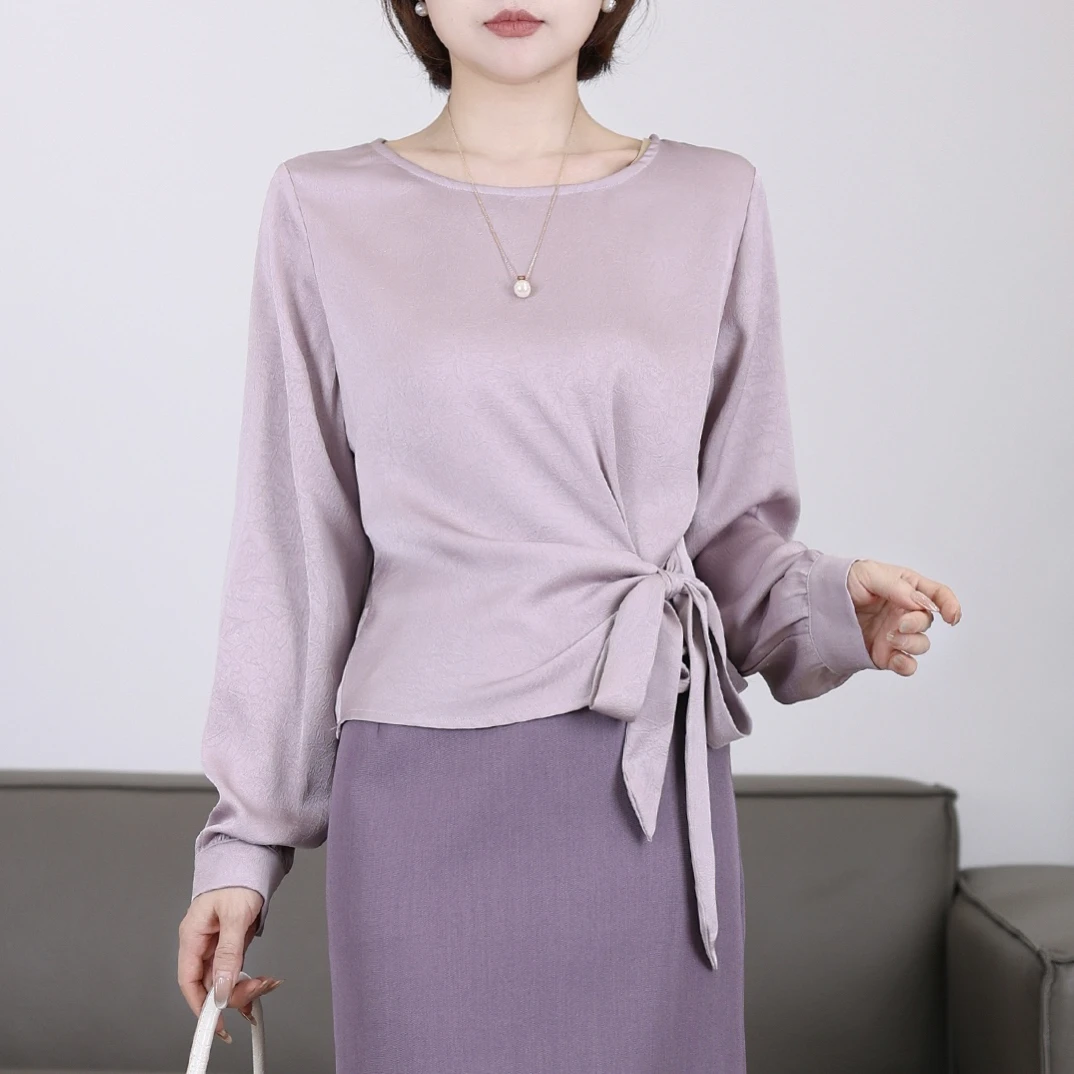 【泡泡缎长袖衬衫】缎面绑带衬衣夏秋新款一字领长袖显瘦上衣21047