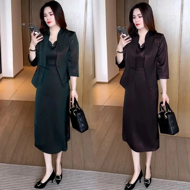 冰丝时尚连衣裙女2025夏季新款气质显瘦七分袖短外套背心裙两件套