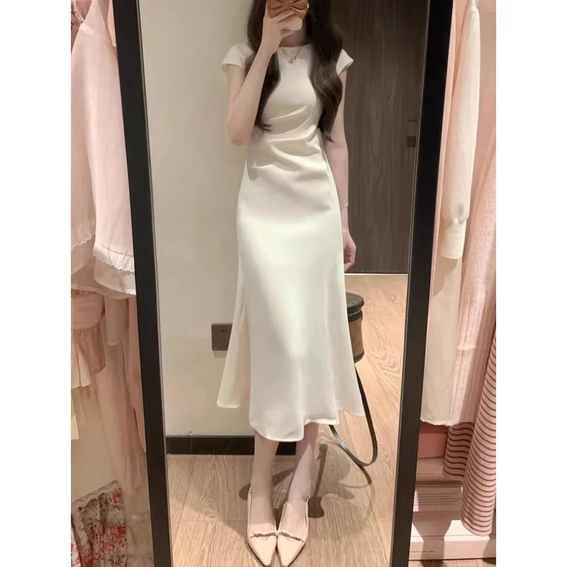 高级感白色连衣裙女夏季2025新款修身收腰显瘦法式气质鱼尾长裙子