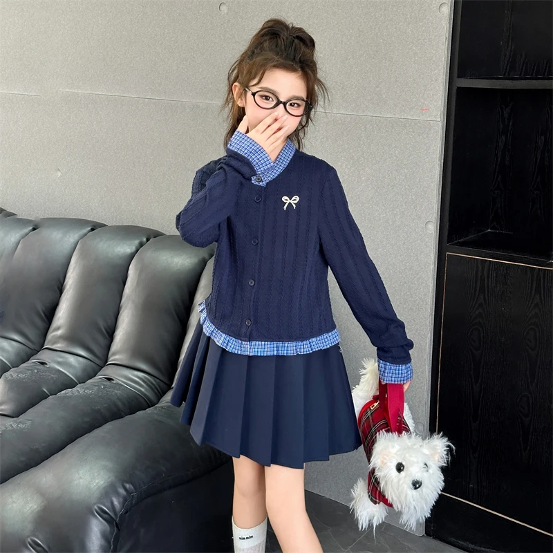 女童学院风套装春秋新款2025女大童韩版洋气开衫儿童JK制服百褶裙
