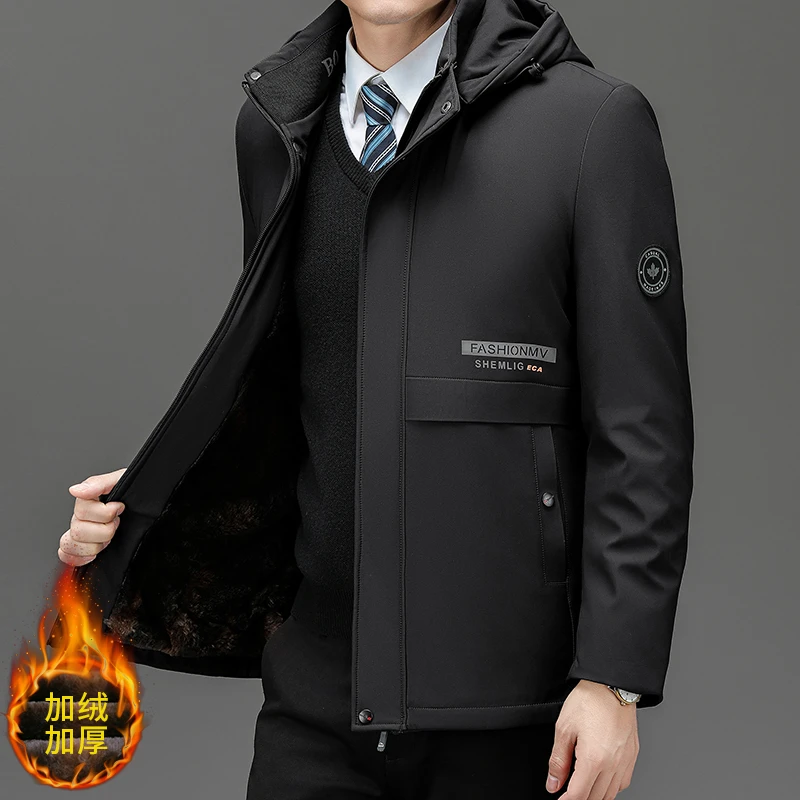 男士中老年休闲连帽中长款加绒加厚保暖时尚潮流大码商务秋冬季宽