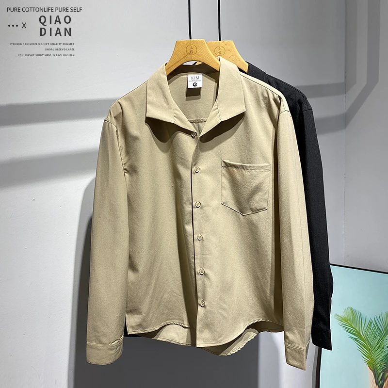 个性简约百搭拼接风设计潮流翻领外套春季时尚水洗宽松长袖衬衫男
