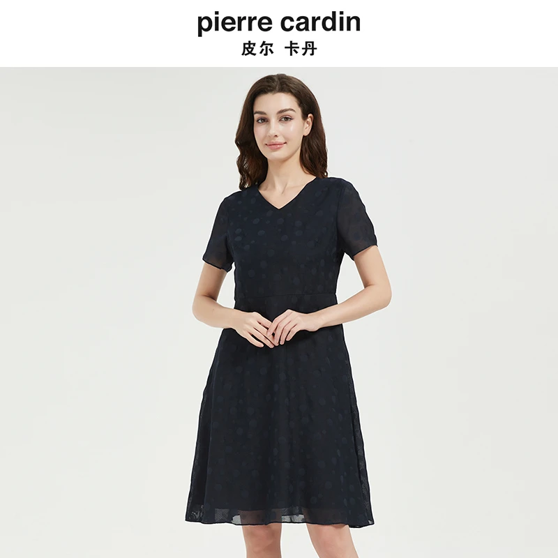 皮尔卡丹女法式V领通勤收腰短袖连衣裙