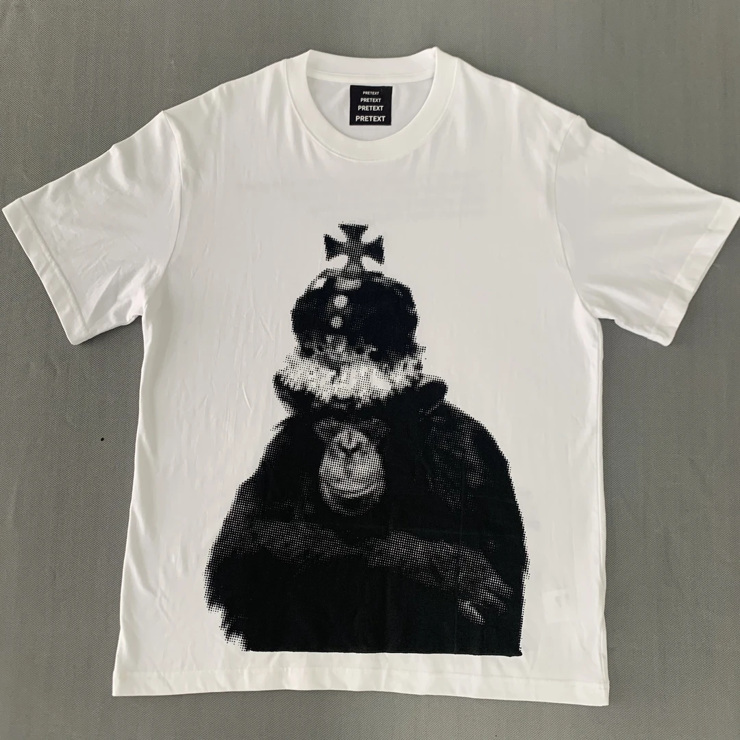 猩猩白色时尚印花短袖圆领休闲印花T恤黑白半袖上衣潮流纯棉长款