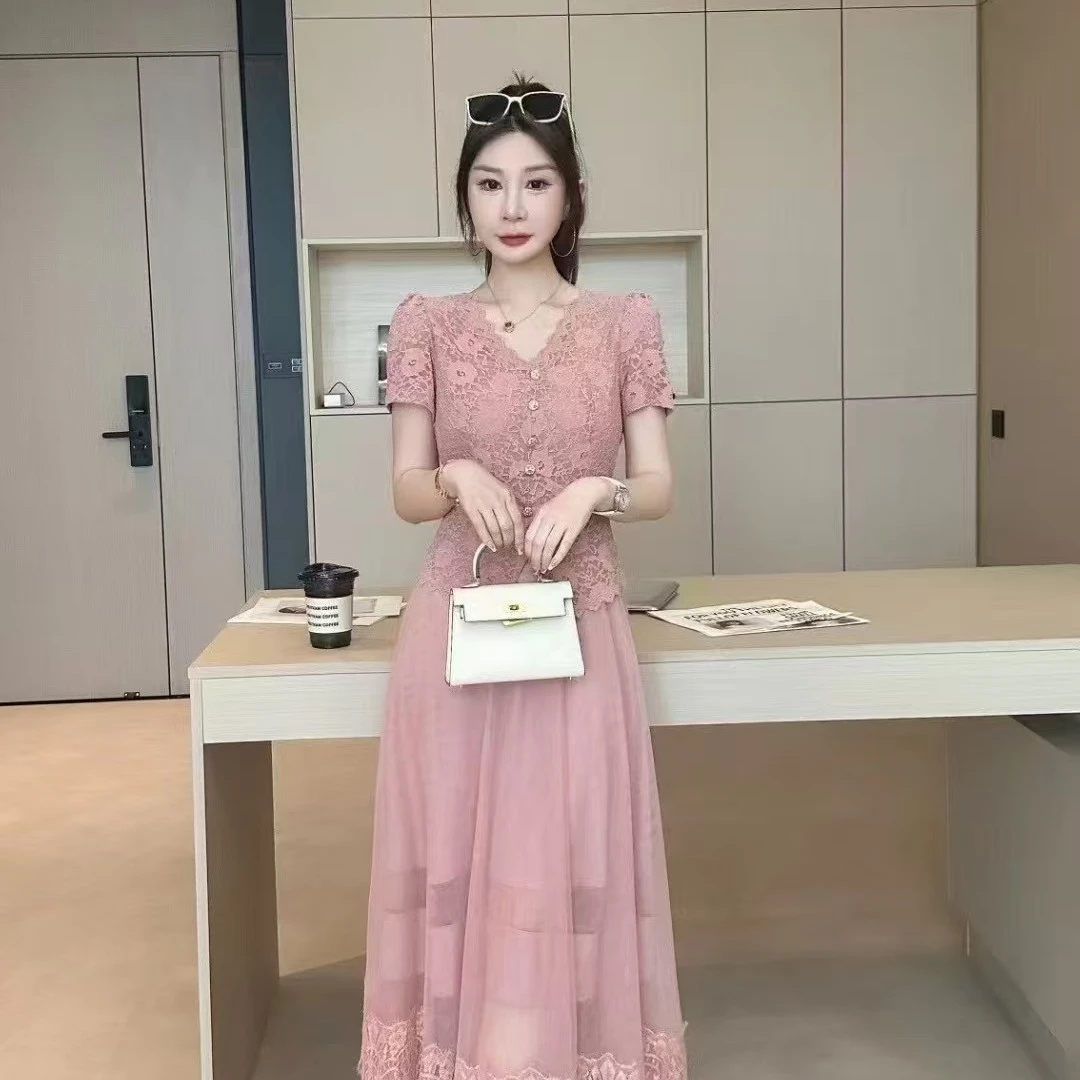 时尚减龄气质中长蕾丝假两件设计连衣裙