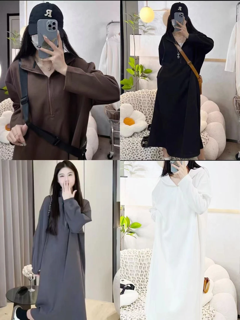 7827-连帽半开拉链连衣裙（颜色任意）