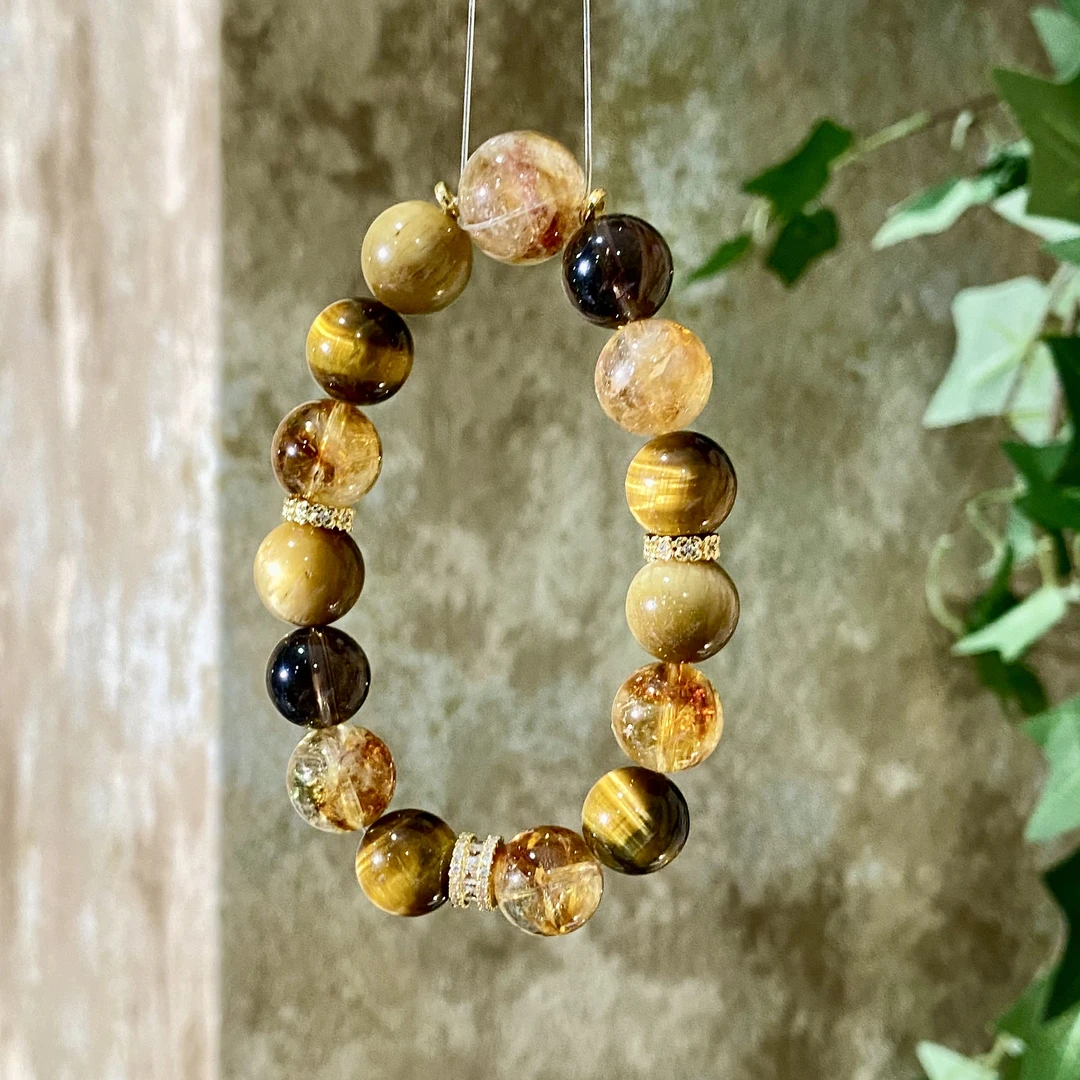 虎眼石金虎眼黄水晶茶晶圆珠手串