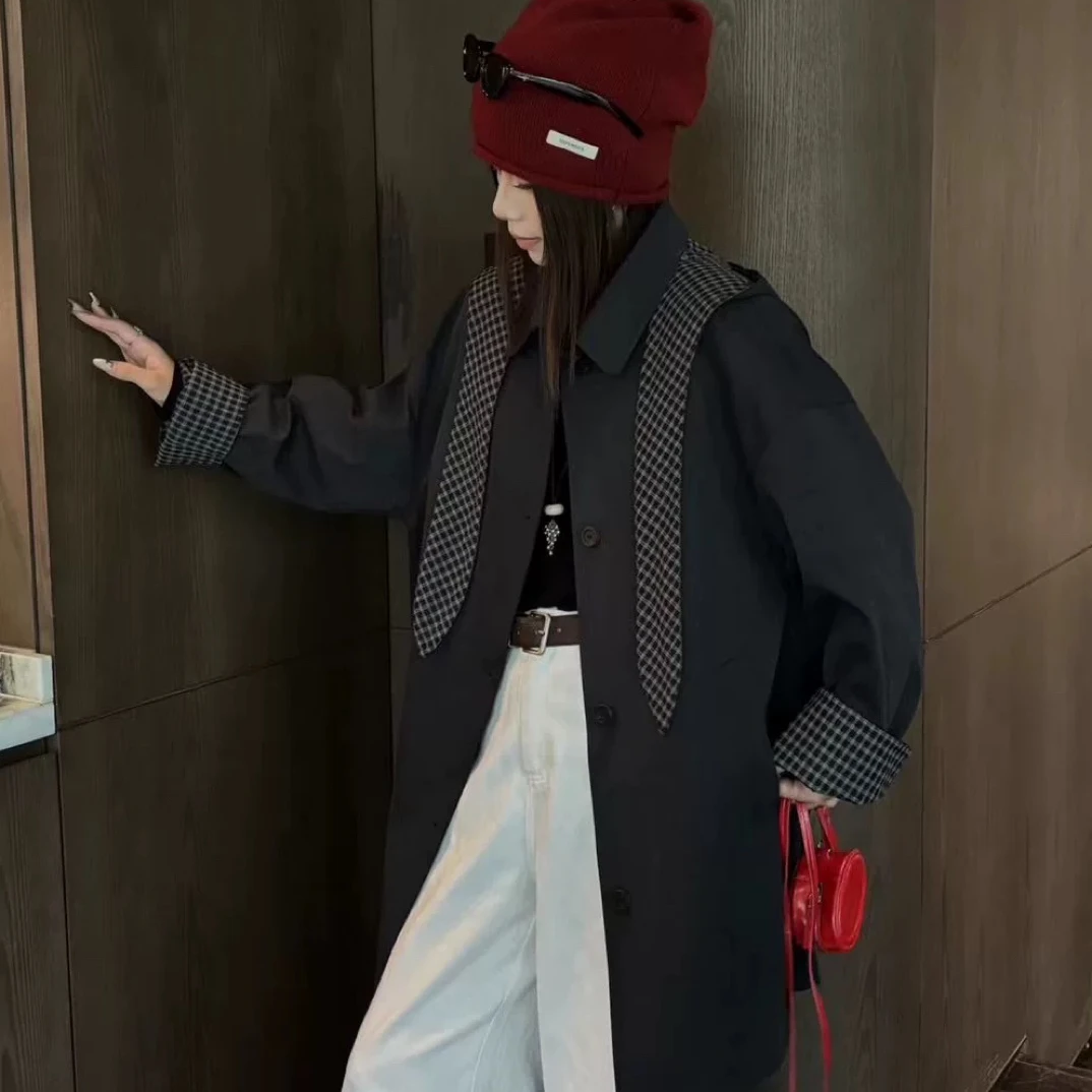 【蛋娘专属】韩版设计感连帽可脱卸翻领单排扣中长款休闲风衣外套女