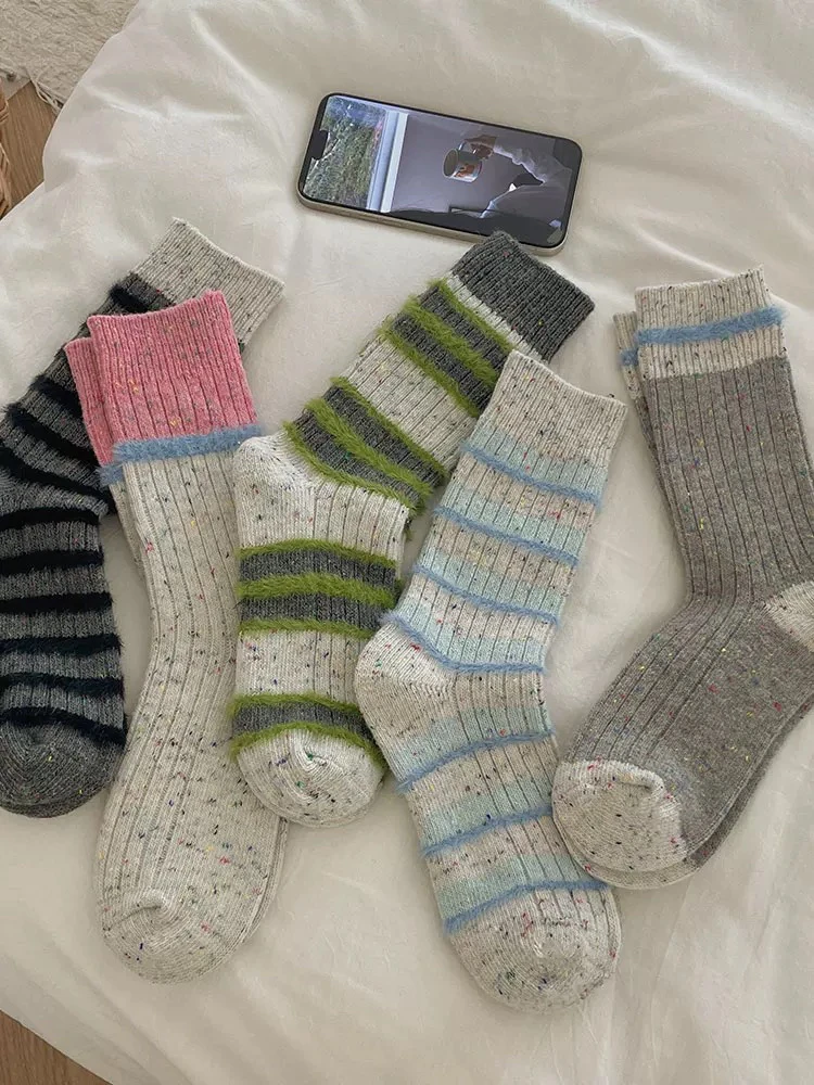 秋冬韩系Chic慵懒风条纹拼色加厚羊毛点子纱中筒袜少女艺术生堆堆