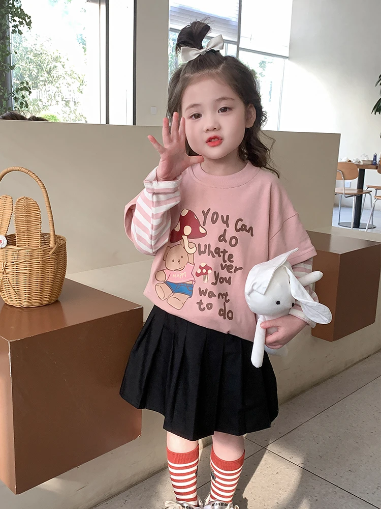 2025新款女童春秋T恤儿童洋气长袖纯棉女宝宝秋季假两件上衣秋装