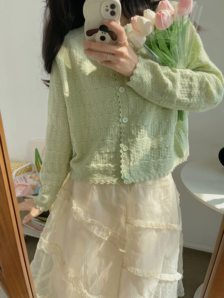 【西虹柿的红】重工勾花圆领花边针织开衫宽松气质温柔开春新款长袖