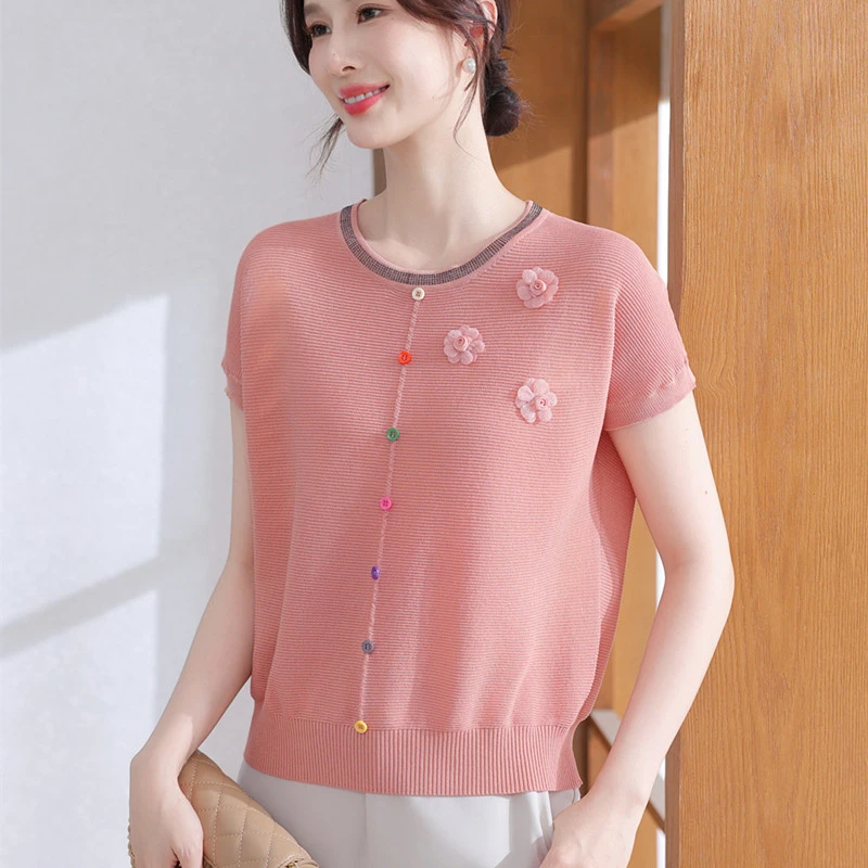 年轻妈妈夏装冰丝针织短袖T恤2025新款中老年女装洋气宽松上衣服