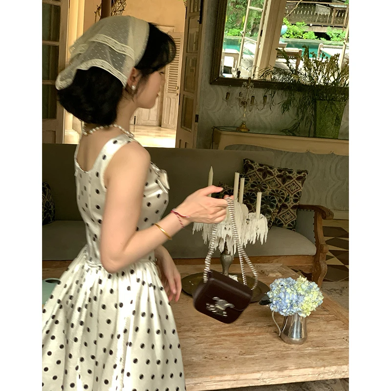 法式气质方领波点吊带连衣裙女小个子无袖短裙春夏新款67100