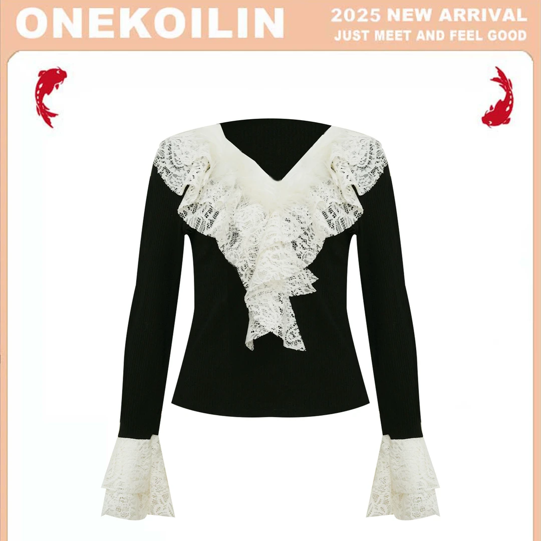 OneKoilin“法式黑天鹅”气质优雅重磅大板蕾丝拼接羽毛上衣 FSHTE