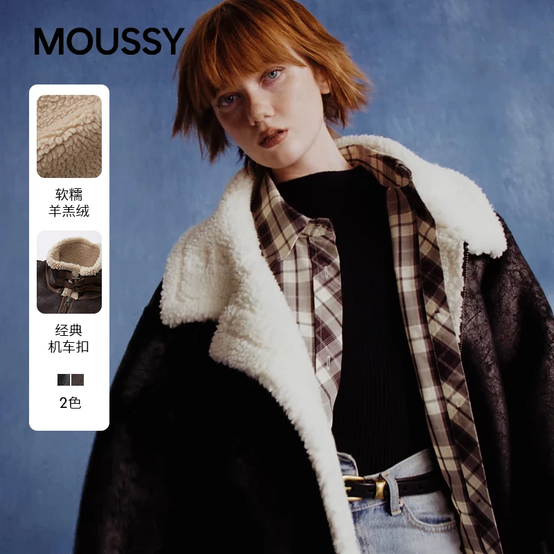 MOUSSY 2025冬季新品街头复古风拼接做旧皮衣028IAA30-1044