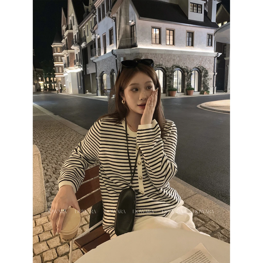 现货大婉酱微胖定制【简调条纹】小众毛织衫秋季宽松百搭上衣 9757D