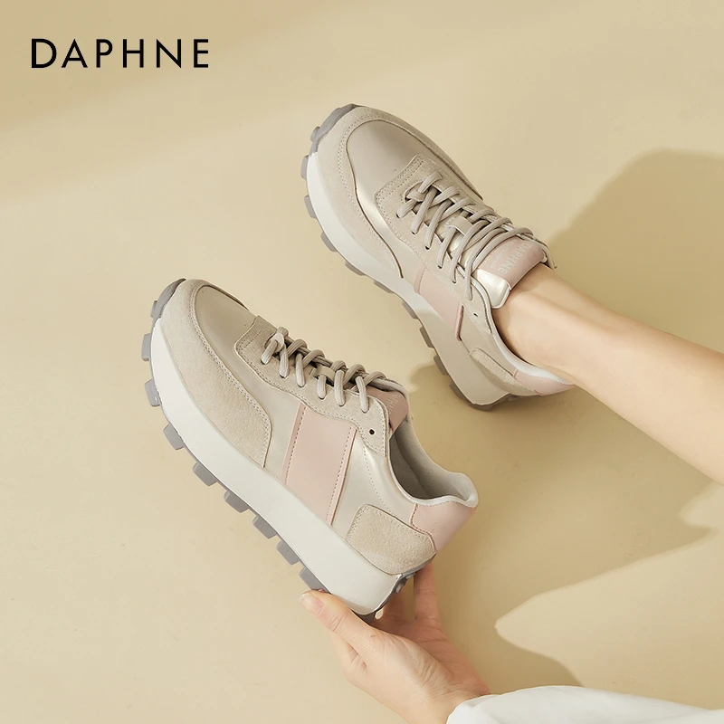 Daphne/达芙妮厚底拼色德训鞋女春时尚系带运动鞋百搭圆头休闲鞋
