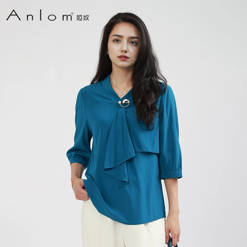 Anlom/娅奴桑蚕丝时尚职业衬衫夏季女神新款干练气质休闲衬衣V领