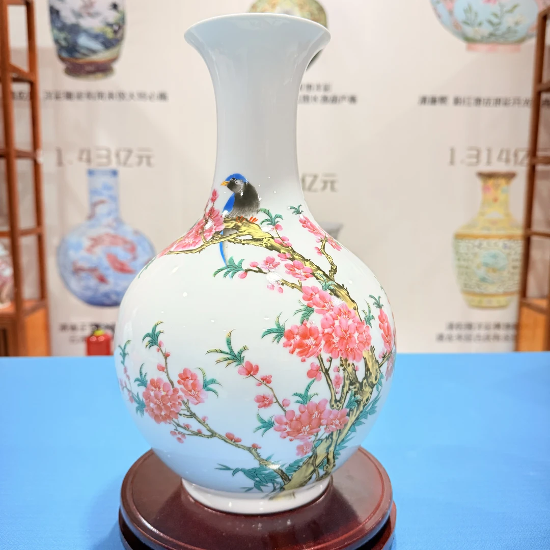 粉彩水点桃花赏瓶-XD