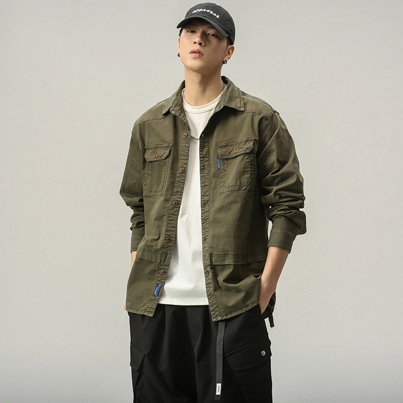 秋季新款男士宽松衬衫外套百搭青年上衣衬衫美式男装户外外套