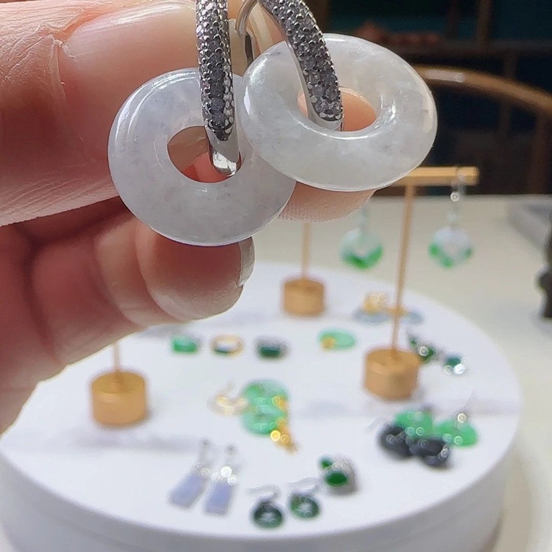 翡翠耳饰银S925镶嵌天然缅甸a货翡翠翡翠