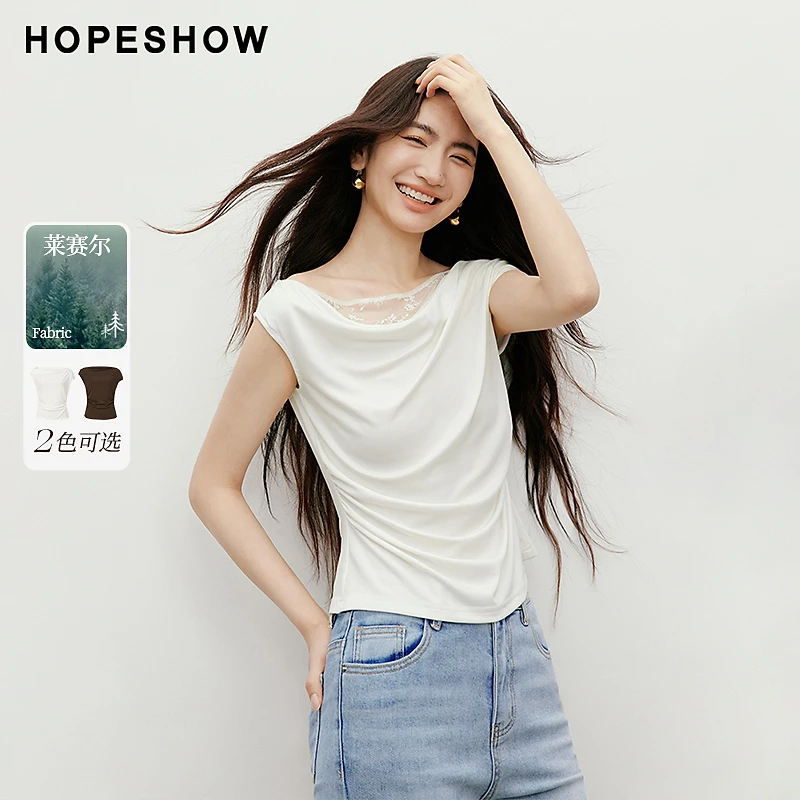 红袖2025秋新款女装荡荡领蕾丝拼接捏褶时尚短袖上衣90225210202