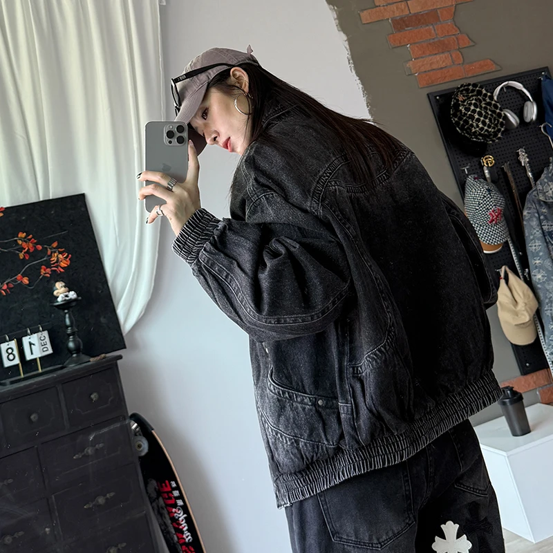 设计师潮奢机车结构拼接重磅牛仔夹克拉链重工外套美式水洗做旧衣