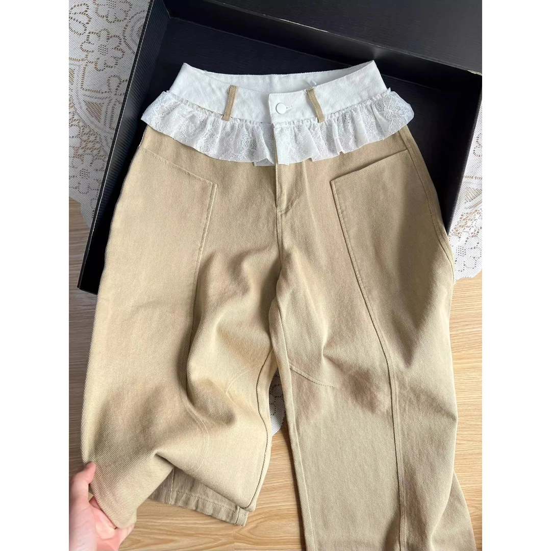 卡其色蕾丝花边阔腿牛仔裤女2025夏季新款时尚休闲高腰直筒拖地裤