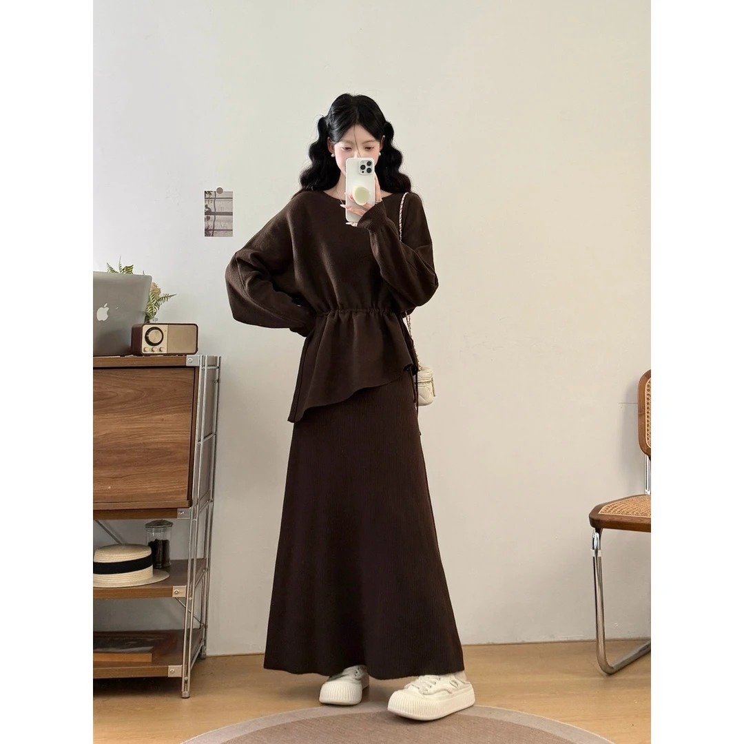 大码女装胖mm秋冬遮肉遮肚抽绳收腰不规则两件套装显瘦毛衣半身裙