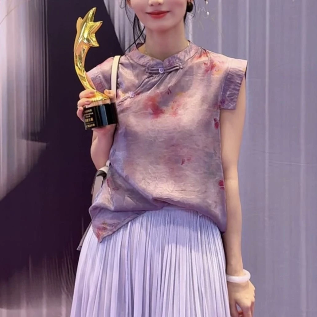 【苏杭版】夏季新中式温柔风紫晕染立领飞袖衬衫女气质减龄旅游百搭