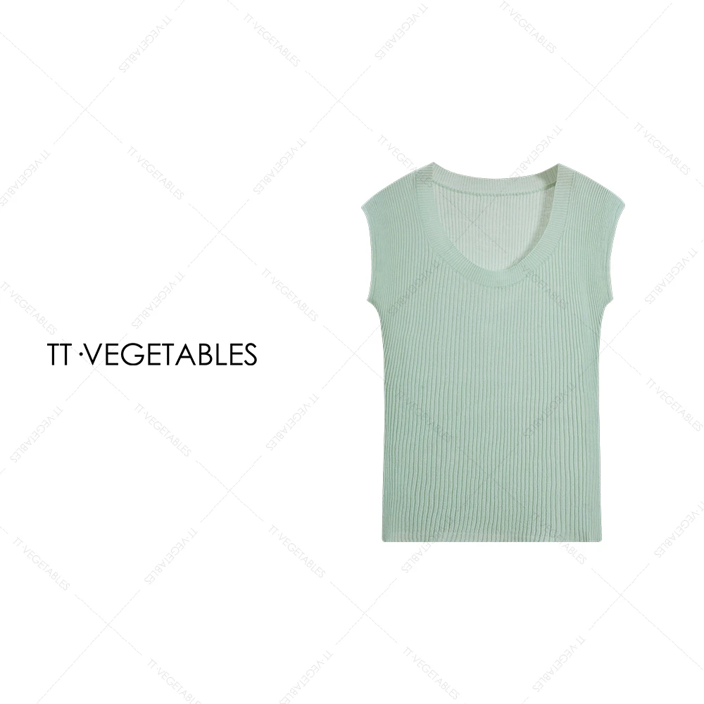 TT・VEGETABLES【序白】须弥  新款简约 U 领纯色针织短袖女511743
