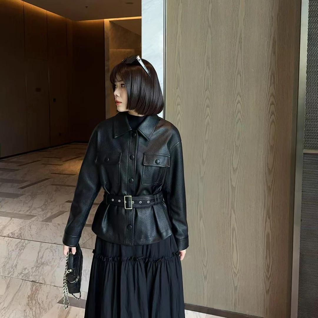 玳妮【宋佳同款】早春款荔枝纹翻领收腰皮衣时尚双口袋柔软气质夹克