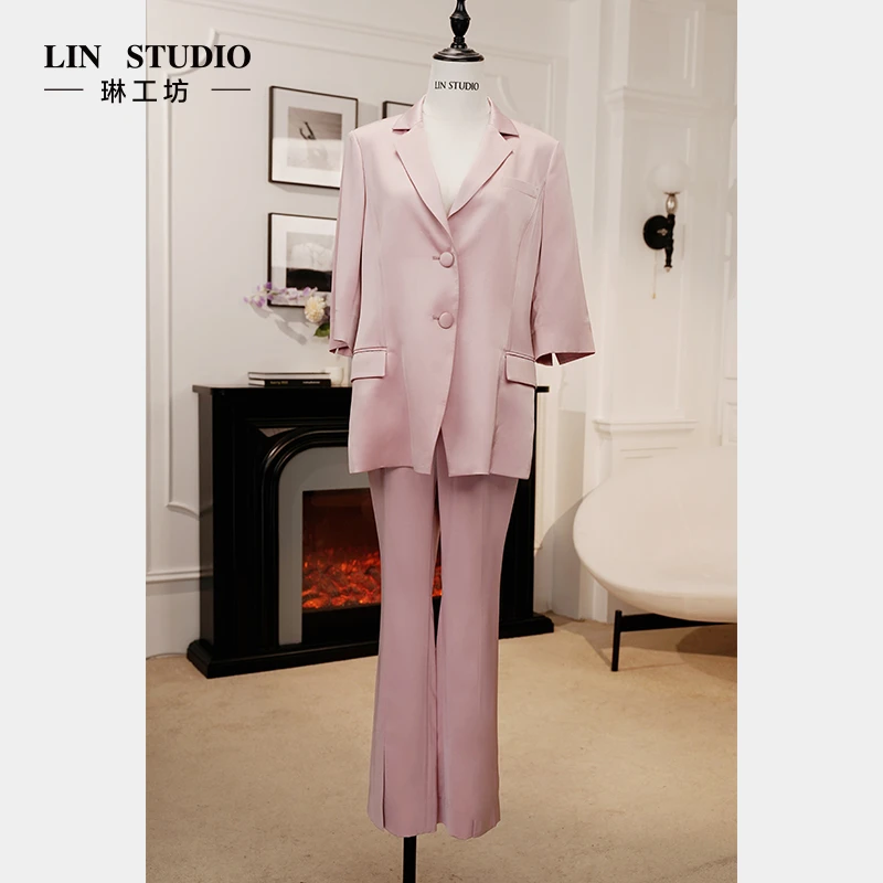 【特殊活动款 不支持退换 上衣+裤子】琳工坊粉色七分袖西服套装