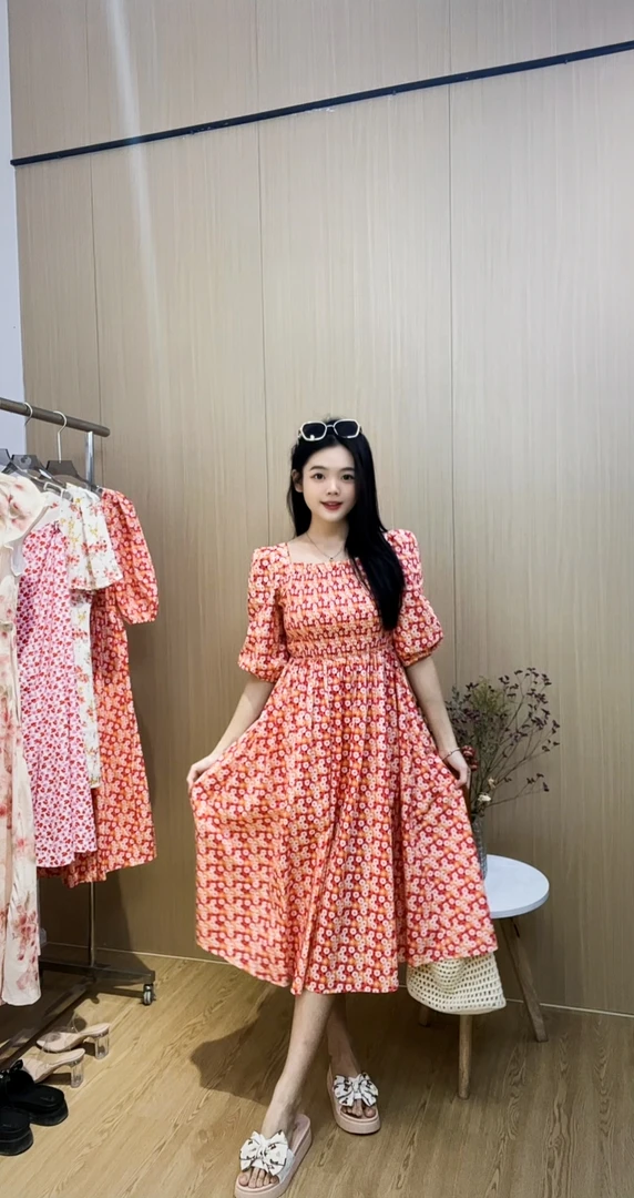 【小雅家】春夏季简约通勤印花碎花红色长款波点时尚显瘦减龄连衣裙