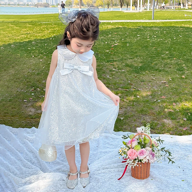 清仓女童连衣裙夏装2025新款洋气宝宝夏季亮片公主裙背心网纱裙子