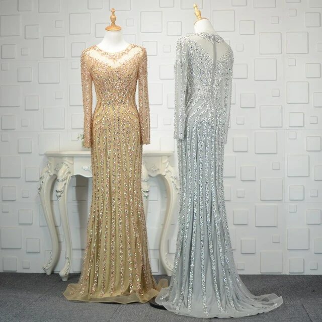 采购产品长袖晚礼服，高档重型串珠鱼尾礼服，长裙，宴会礼服，年