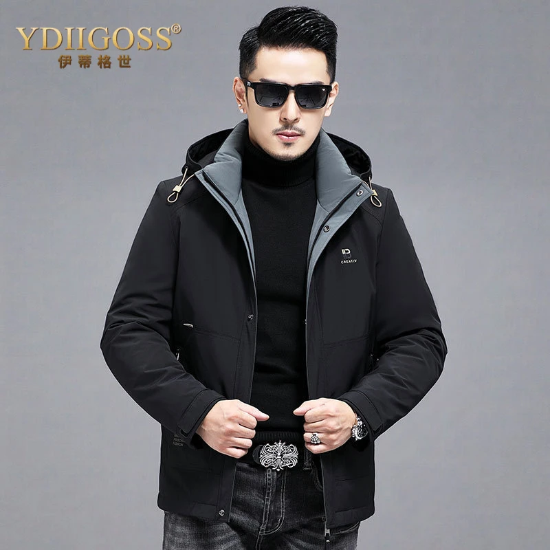 YDIIGOSS休闲羽绒服男士冬季白鹅绒可拆卸内帽子青年商务温暖外套